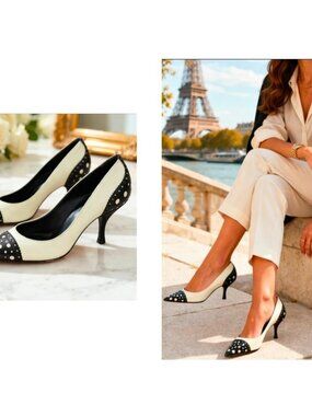 Sergio Rossi Polka Dot Heels Pumps Black White Leather Pointed Toe EU 39 Italy